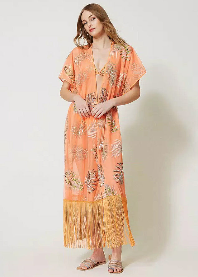 TWIN-SET langer Kaftan CANTALOUPE apricot Tüll Pailletten Fransen