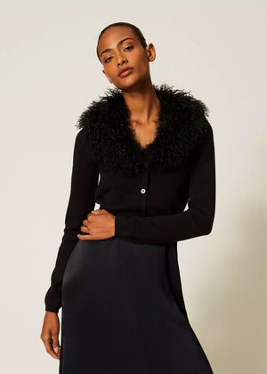 TWINSET Milano Cardigan schwarz mit abnehmbarem Kunstfellkragen