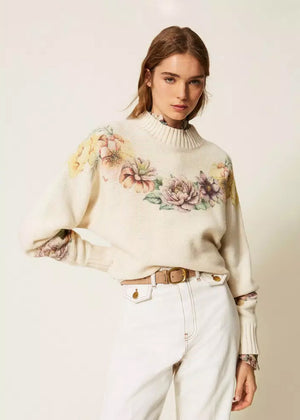 TWINSET Milano Strickpullover ST. FLOWERS Wollweiß mit Blumenprint