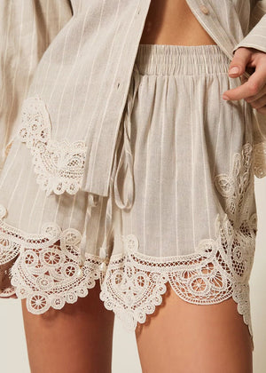 TWINSET Shorts RIGA beige Jacquard-Leinenmischung mit Spitze