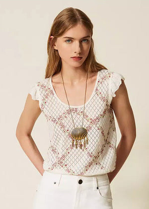 TWINSET Stricktop FIORI champagner Blumenprint Lochmuster