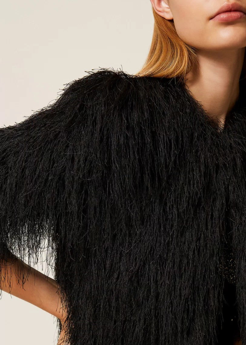 TWIN-SET Cropped Jacke FRANGE schwarz mit Fransen kurze Ärmel