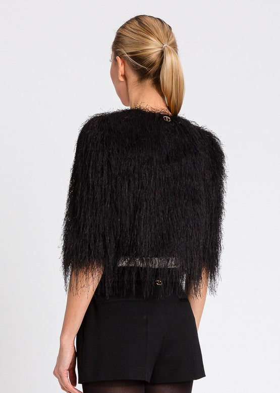TWIN-SET Cropped Jacke FRANGE schwarz mit Fransen kurze Ärmel