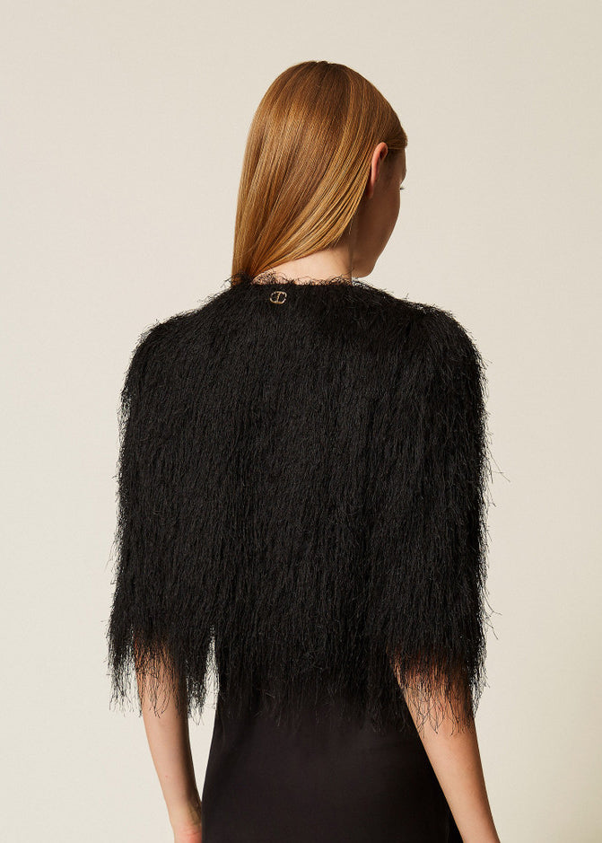 TWIN-SET Cropped Jacke FRANGE schwarz mit Fransen kurze Ärmel