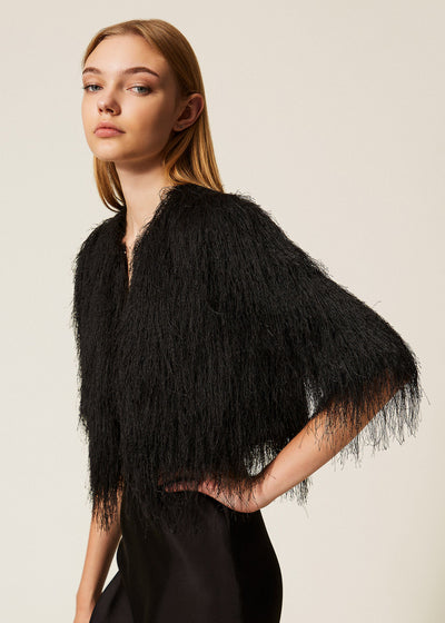 TWIN-SET Cropped Jacke FRANGE schwarz mit Fransen kurze Ärmel