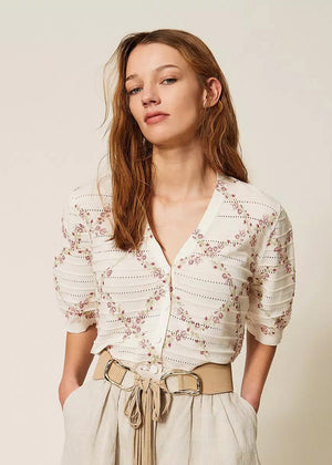 TWINSET Strickjacke FIORI champagner geknöpft Blumenprint Lochmuster