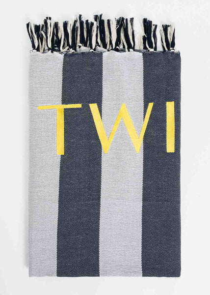 Twin-Set Tuch TELO MARE blau weiß gestreift Jacquard-Baumwolle Logo Fransen
