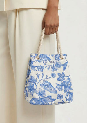 Twinset Beuteltasche ST. TOILE weiß mit blauem Blumenmuster mit Kordelhenkeln