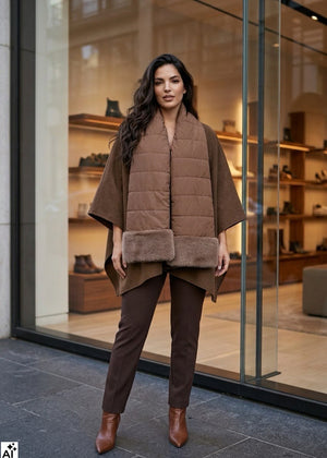Twinset Cape DARKNESS braun mit abnehmbarem Stepp-Schal und Kunstfell