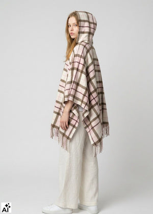 Twinset Poncho CHECK hellrosa-braun kariert mit Fransen & Kapuze