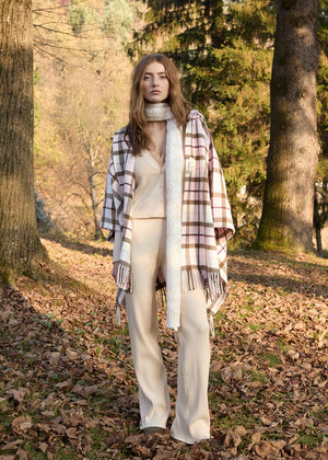 Twinset Poncho CHECK hellrosa-braun kariert mit Fransen & Kapuze