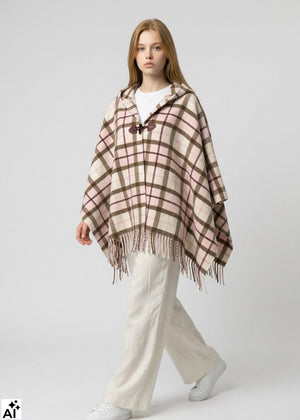 Twinset Poncho CHECK hellrosa-braun kariert mit Fransen & Kapuze