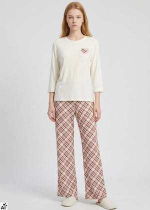 Twinset Pyjama CHECK creme-rosa aus Mikromodal-Mischung brauner Karomuster