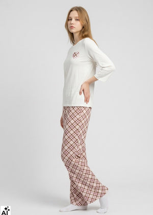 Twinset Pyjama CHECK creme-rosa aus Mikromodal-Mischung brauner Karomuster