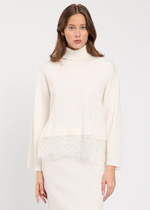 Twinset Rollkragenpullover MADREPE champagner mit feiner Spitzendetailkante