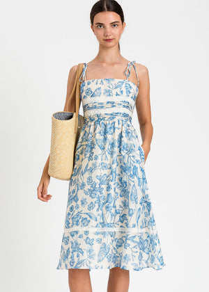 Twinset Sommerkleid ST. TOILE blau-weißer Blumenmuster Spaghettiträger Leinenmix