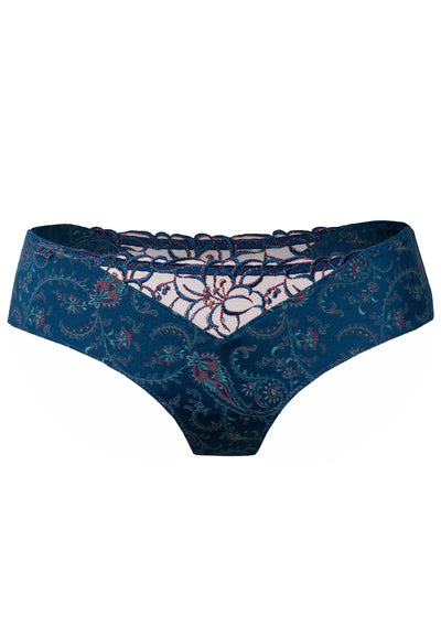 Ulla Panty ZOE orientalblau mit floral-ornamentalem Muster und Stickerei