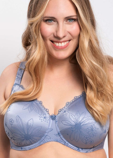 Ulla T-Shirt-BH VIOLA taubenblau mit zierlichem Blütenmuster und gepolsterten Trägern