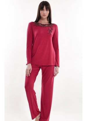 Verdiani Pyjama CHERRY weinrot aus weichem Modal mit Spitze