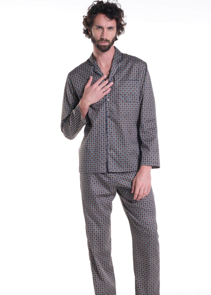 Verdiani klassischer Herren Pyjama RASATELLO in Olivbraun blau gemustert mit Perlmutt-Knöpfen