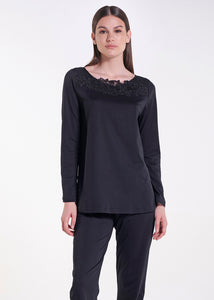 Verdiani langer Schlafanzug schwarz aus Jersey Bio-Baumwolle mit Spitzenbesatz weich