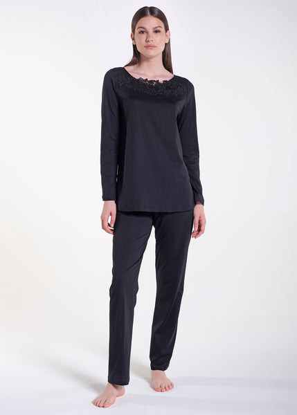 Verdiani langer Schlafanzug schwarz aus Jersey Bio-Baumwolle mit Spitzenbesatz weich