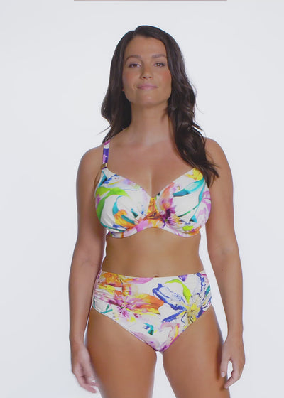 Fantasie hohe Bikinihose IGUAZU FALLS champagner bunte Farbtupfer Muster mit Raffung