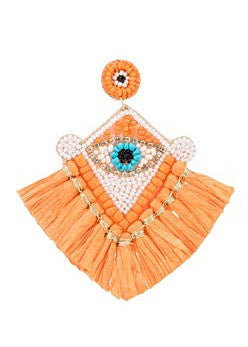 Alex Max Statement Ohrringe orange mit Augenornament mit Perlchen und Bast