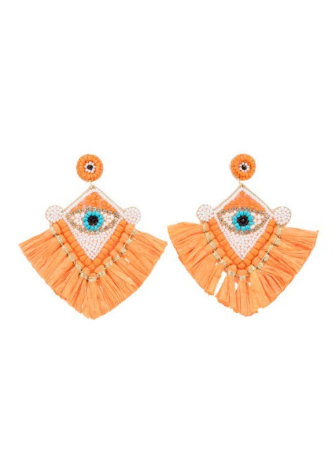 Alex Max Statement Ohrringe orange mit Augenornament mit Perlchen und Bast