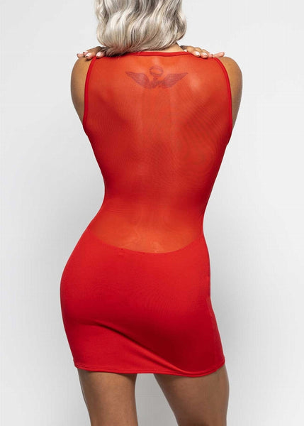 Catanzaro Kleid OPHELIA rot mit transparenten Einsätzen und Strasssteinen