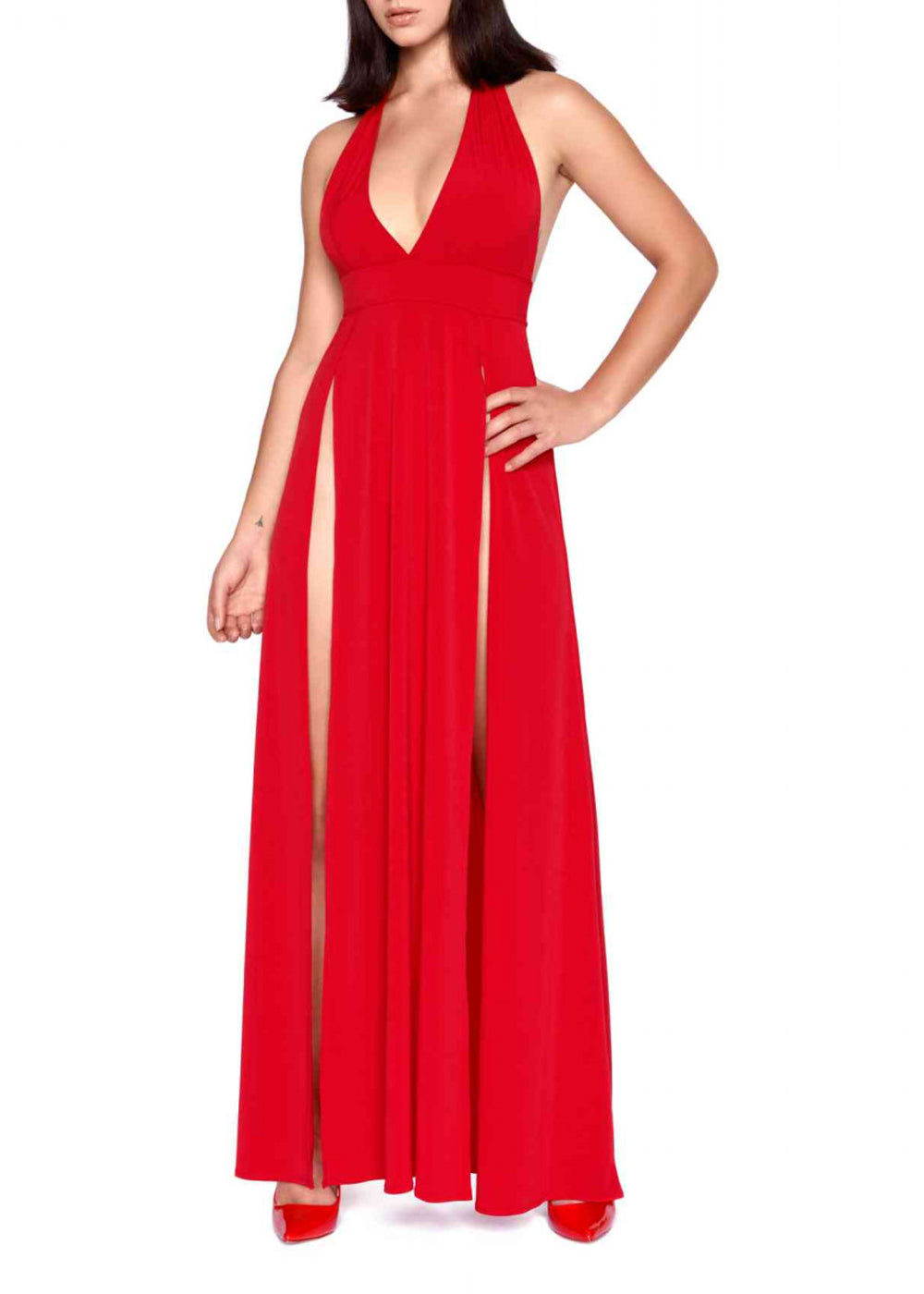 Catanzaro Neckholderkleid ISABELLA rot tiefer Auschnitt lange Schlitze Lyrcra