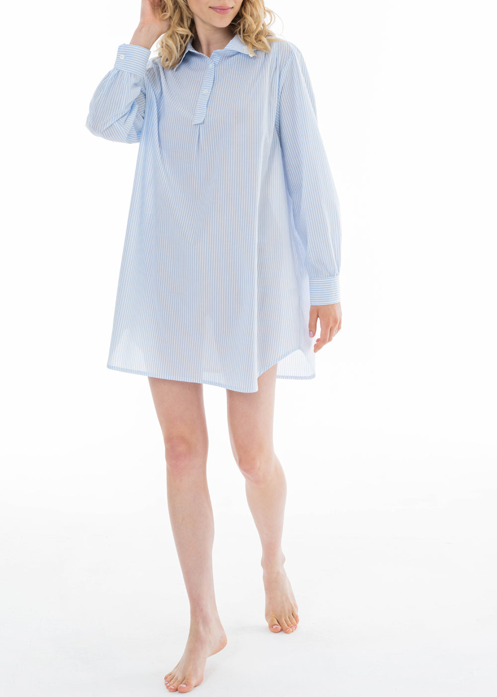 Celestine Nachthemd CAPRI hellblau weiß gestreift Hemdkragen langarm