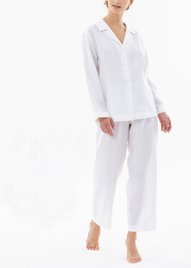 Celestine langer Pyjama weißes klassisch PIANO Reverskragen – Leinen