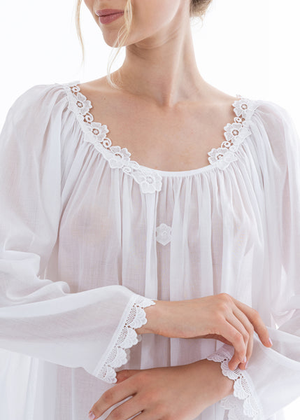 Celestine langes Nachthemd KIANA weiß florale Häkelspitze langarm