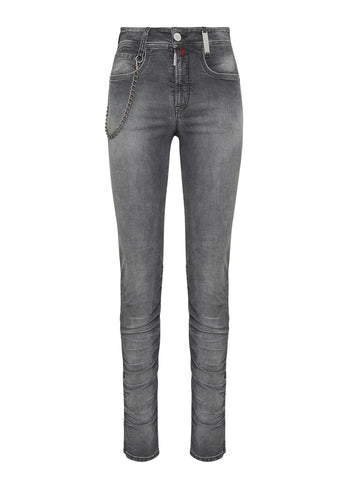 HIGH Jeans COMPEL grau schwarz schmal geschnitten mit Raffung am Unterschenkel