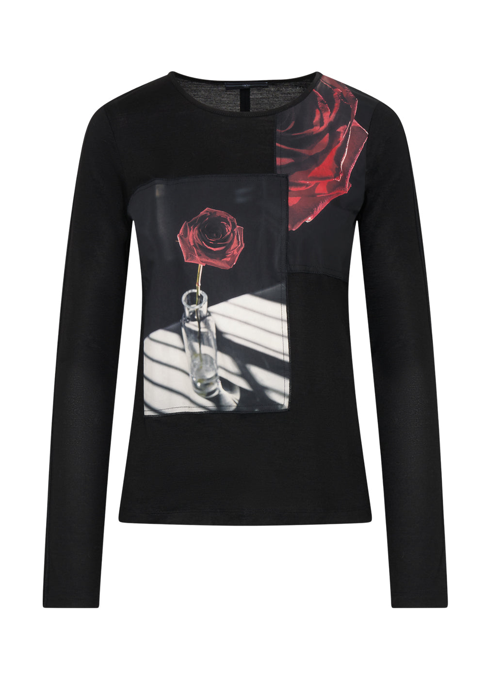 HIGH Langarm-Shirt RAPID schwarz aus Wolle mit rotem Rosen-Fotoprint limited edition
