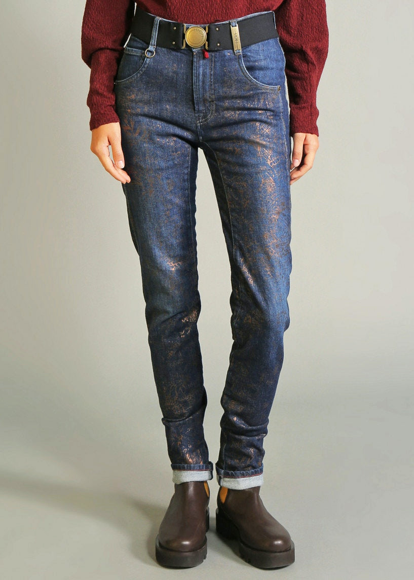 High Jeans VAULT in dunkelblau mit goldenem Blumendruck