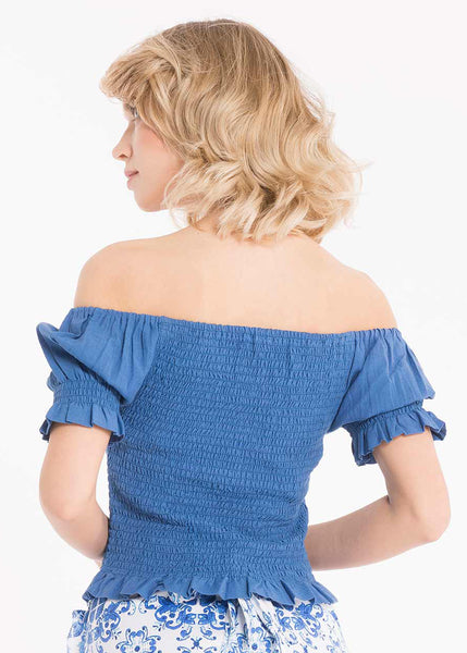 Iconique kurzes Shirt ELOISA blau gesmokt schulterfrei Puffärmel