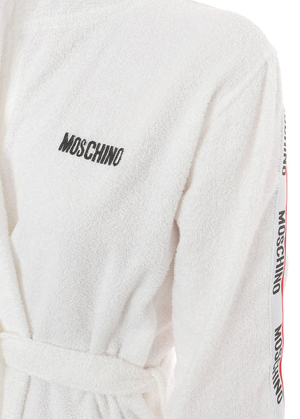 Moschino Bademantel BASIC JERSEY weiß rot-weißes Logoband entlang Ärmel