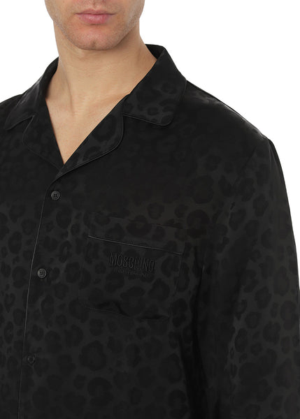 Moschino Pyjama LEO JAQUARD schwarz gewebtes Leo-Muster Seide Satin Reverskragen