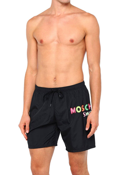 Moschino lange Badeshort NEON LOGO schwarz mit neonfarbenem Logo Schriftzug