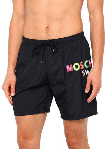 Moschino lange Badeshort NEON LOGO schwarz mit neonfarbenem Logo Schriftzug