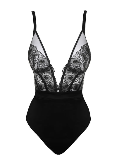 Prelude Brazilian-Body RITZ ROMANCE hautfarbener Tüll schwarze Spitze Satin