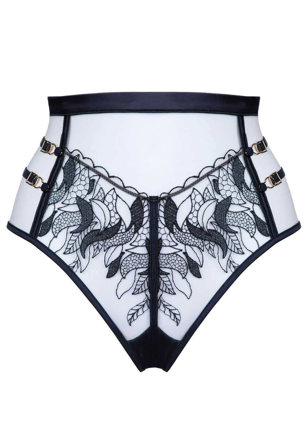 Prelude Highwaist-Brasilian RITA hautfarbener Tüll schwarze Spitze Tattoo-Optik Satin Bänder