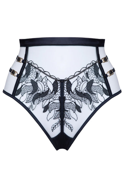 Prelude Highwaist-Brasilian RITA hautfarbener Tüll schwarze Spitze Tattoo-Optik Satin Bänder