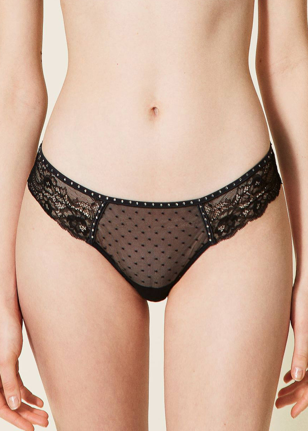 TWIN-SET Brasilian SEXY SERIES schwarz gepunkteter Tüll Spitze Strasssteine