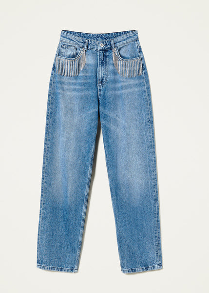 TWIN-SET Jeans REAL EMBROIDERD DENIM mittelhelle Waschung Strassfransen Straight-Fit