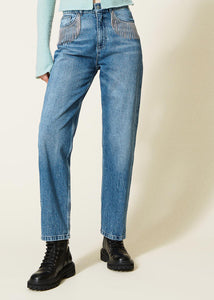 TWIN-SET Jeans REAL EMBROIDERD DENIM mittelhelle Waschung Strassfransen Straight-Fit