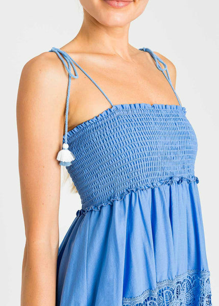 TWIN-SET Maxi-Kleid GRANADA SKY blau Volant Häkelspitze gesmokt Kordelträger
