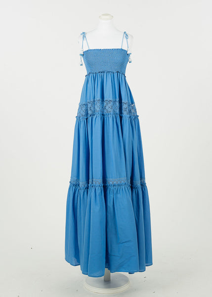 TWIN-SET Maxi-Kleid GRANADA SKY blau Volant Häkelspitze gesmokt Kordelträger